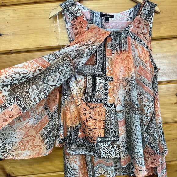Roz Ali Sleeveless Top Blouse L Semi Sheer Layered Flowy Orange Floral EUC - Picture 1 of 6
